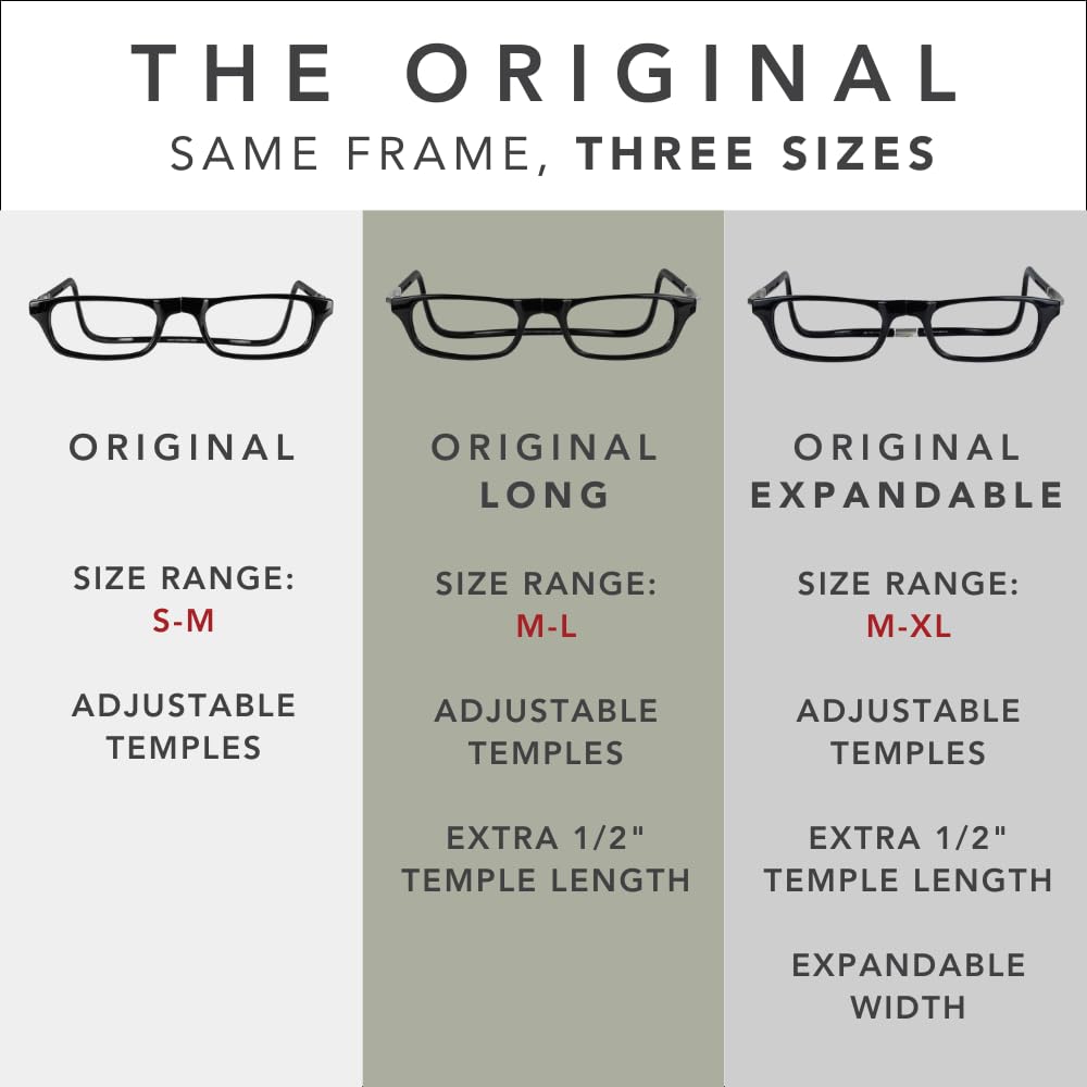 Clic Magnetic Reading Glasses, Computer Readers, Replaceable Lens, Original Long, (M-L, Black, 1.75 Magnification)