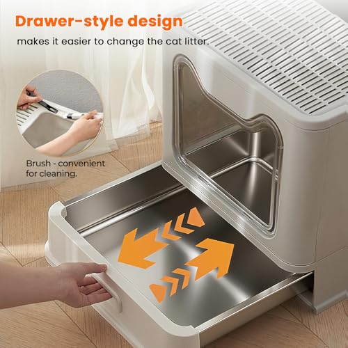 LEEJARD Cat Litter Tray, Stainless Steel Cat Litter Tray with Lid and Extendable Tray, Hop in Cat Litter Tray XXL with Cat Litter Tray Mat & Shovel for Cats up to 15 kg, Easier Cleaning, Leak-Proof