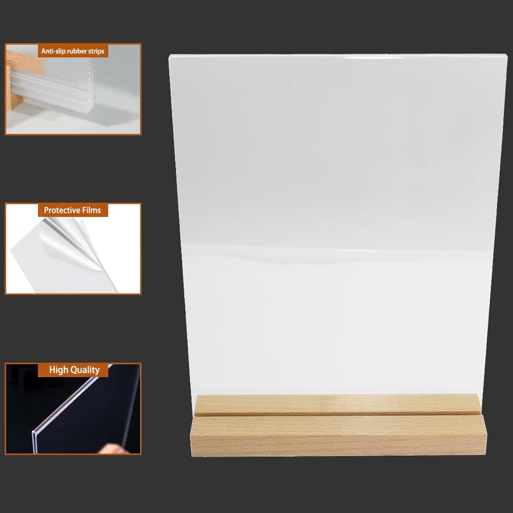 8.5 x 11 Acrylic Sign Holder with Wood Base 5 Pack L/T Shape Vertical or Slant Back Display for Wedding, Restaurant, Office, Hotel