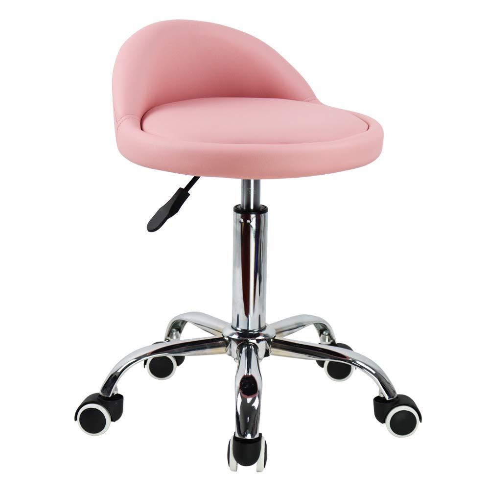 KKTONER PU Leather Round Rolling Stool with Back Rest Height Adjustable Swivel Drafting Work SPA Task Chair with Wheels (Pink)