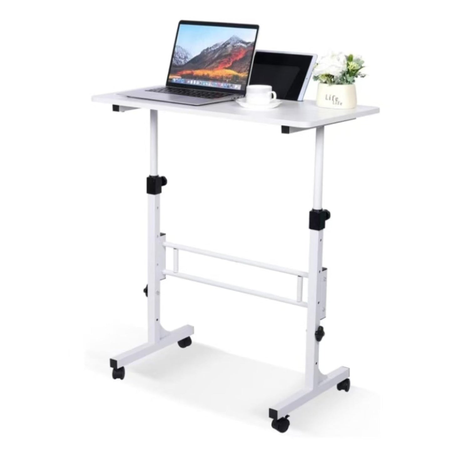 Standing Desk Adjustable Height, Mobile Sit Stand up Desk Lockable with Wheels, 32 Inch Portable Rolling Desk Small Computer Desk, Laptop Desk for Home Office Bedroom (White)