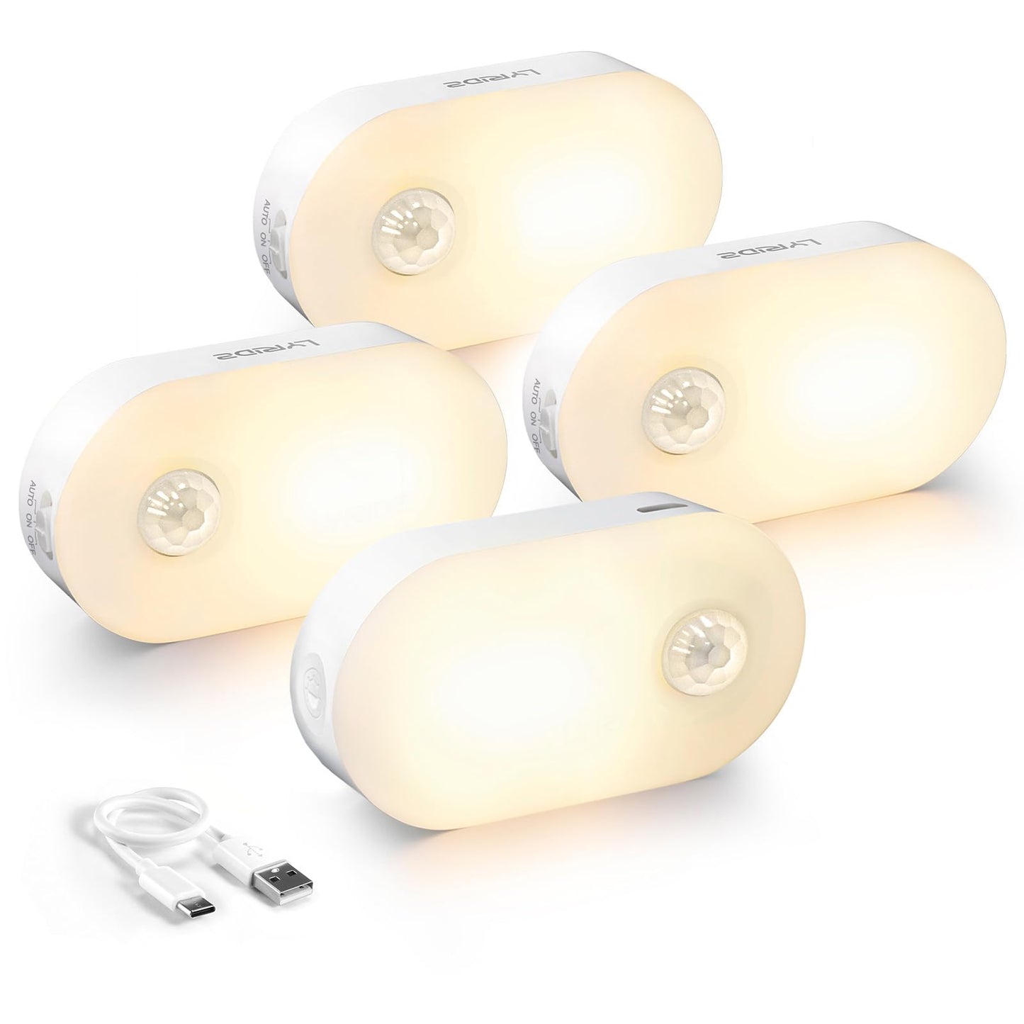 Rechargeable Night Light, LYRIDZ Stick on Anywhere Motion Sensor Nightlight Warm White 1-20LM LED Light with Stepless Adjustable Brightness for Bedroom, Kitchen, Stairs, Hallway, 4-Pack