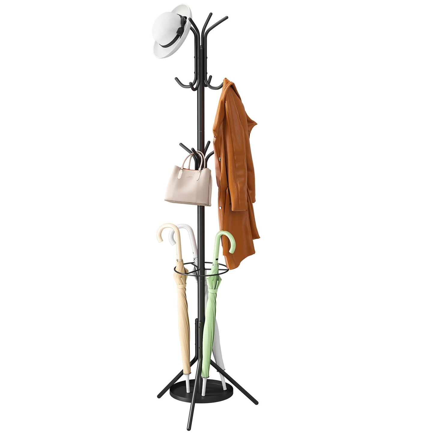 Wieghda Metal Coat Rack with Umbrella Holder,Coat hanger Freestanding,Entryway Hanger Stand,Hall Tree With 12 Hooks,Black