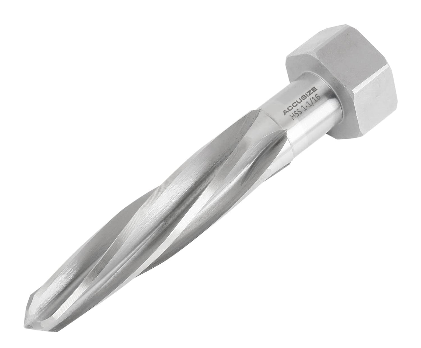 Accusize Industrial Tools 1-1/16 inch by 5 inch Flute Length Hex Shank H.S.S. Aligning Reamer, 7 inch Overall Length, Spiral Flute, 0523-6055
