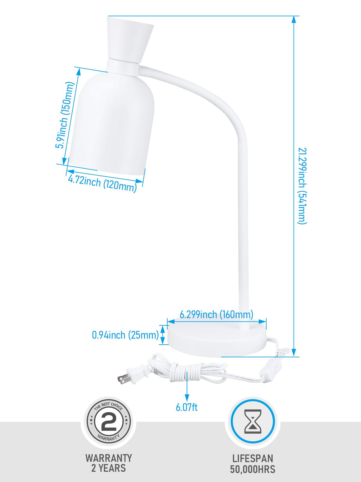 TORCHSTAR Metal Desk Lamp Aesthetic, Vase Shape Design, E26 Base, Max 60W Modern Goose Neck Task Desk Lamp with On/Off Switch, White, for Bedroom, Nightstand, Home Office, Bulb Not Included