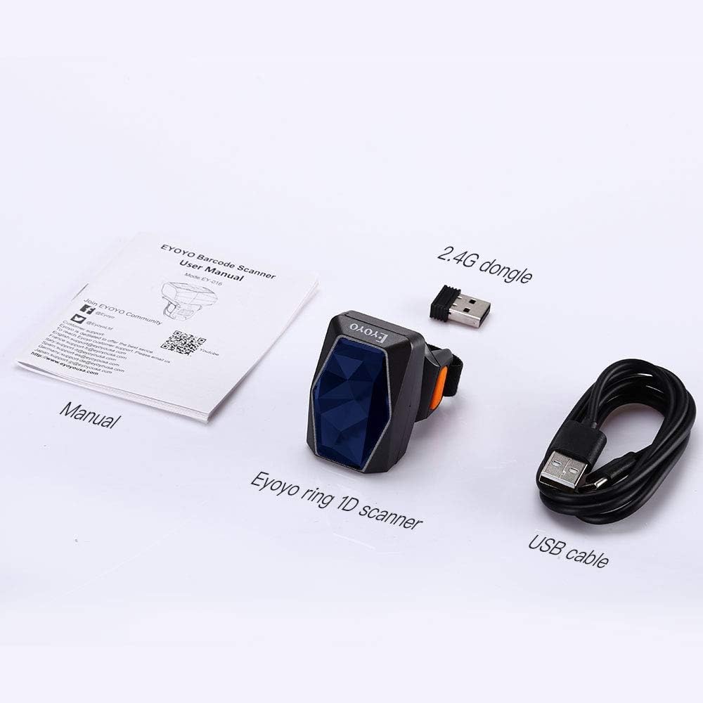 Eyoyo 1D Bluetooth Wearable Ring Barcode Scanner, Portable Mini Finger Bar Code Reader with 2.4G Wireless & USB Wired Connection for iPhone Android iOS, for Book, Warehouse Inventory, Express