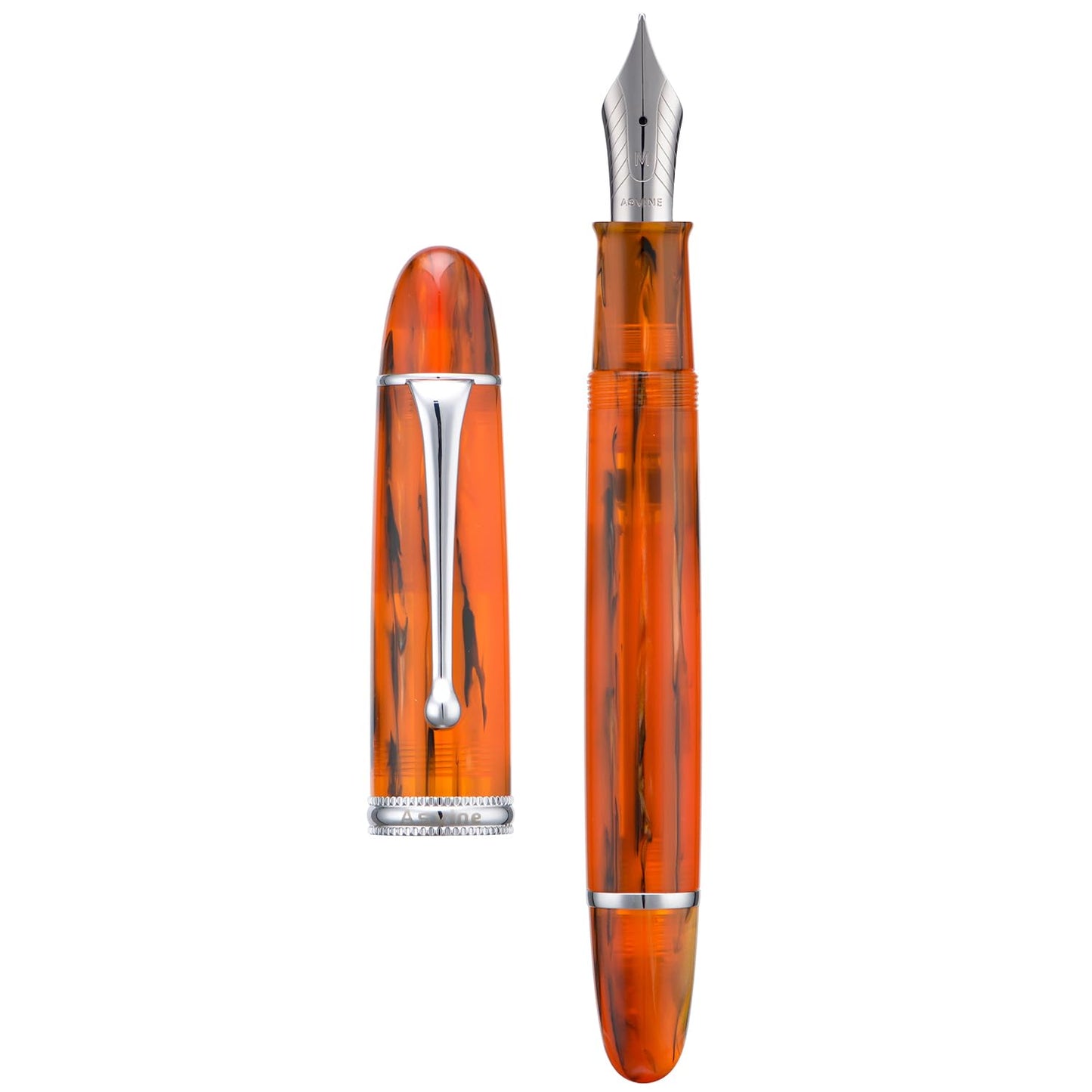 Asvine V800 Fountain Pen, Vacuum Filling System with Large Ink Capacity, Number 8 Nib, 1.1mm Nib, Calligraphy Art Drawing with Key, Amber