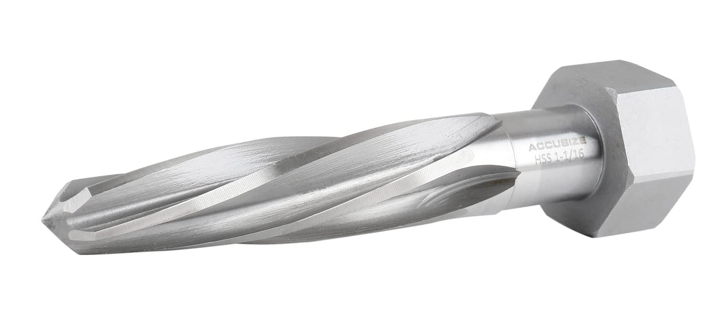 Accusize Industrial Tools 1-1/16 inch by 5 inch Flute Length Hex Shank H.S.S. Aligning Reamer, 7 inch Overall Length, Spiral Flute, 0523-6055