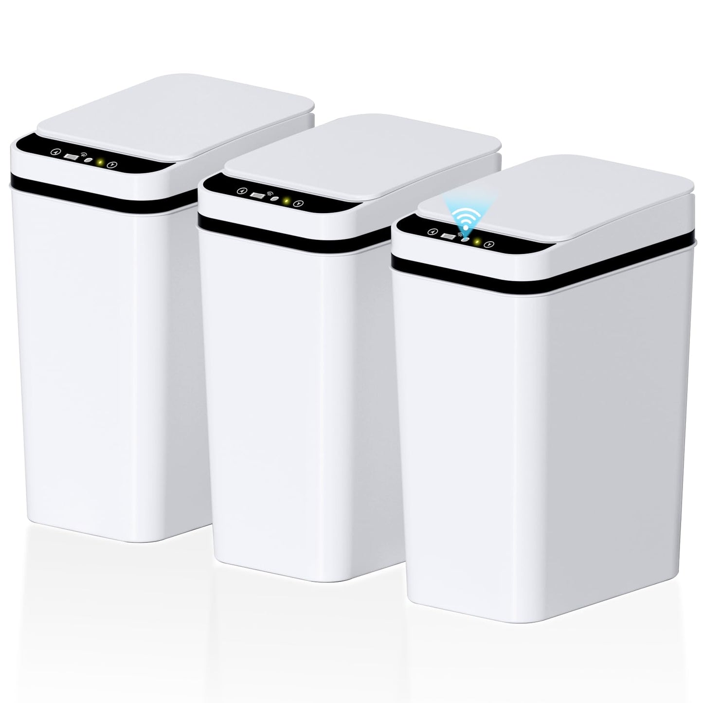 3 Pack Bathroom Trash Can with Lid Touchless Automatic Garbage Can, 2.6 Gallon Slim Waterproof Motion Sensor Smart Trash Can, Small Plastic Trash Bin for Bedroom, Office, Living Room - White
