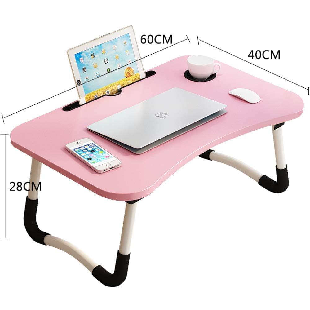 Lap Desk with Storage Drawer, Holders for Cup and Tablet for Kids and Adults, Tray Table with Foldable Legs, Laptop Bed Stand, Portable Standing Table for Sofa Couch Floor (23.6", Pink)