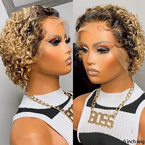 Fereowth Ombre Short Curly Lace Front Wigs Human Hair Wig for Women Brown 1B/27 Pixie Cut Wigs Human Hair Short Curly Human Hair Wig Pre Plucked with Baby Hair 150% Density