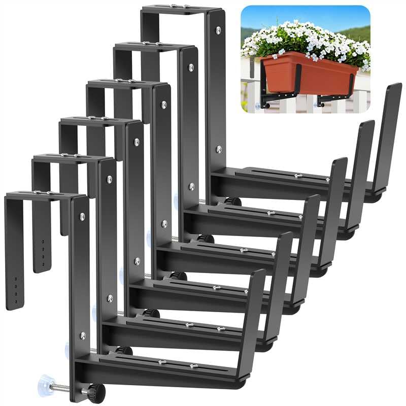 Window Box Brackets, Adjustable Planter Box Brackets, Heavy Duty Iron Flower Box Brackets for Railings, with Enhanced Bottom Support - Perfect for Balconies, Fences, and Gardens (6 Pack)