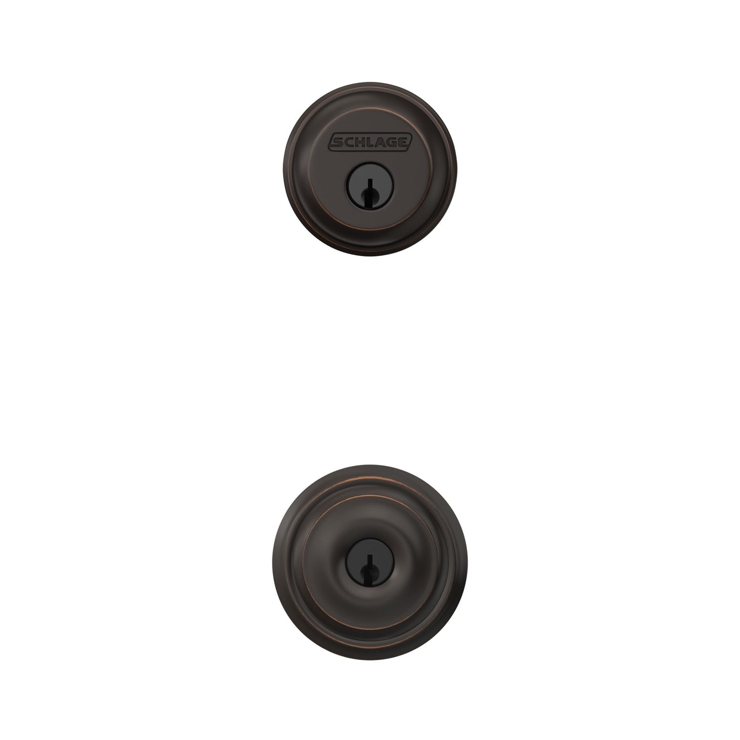 Schlage FB50N V GEO 716 B60 Single Cylinder Deadbolt and F51 Keyed Entry Georgian Knob Keyed Alike, Aged Bronze Finish