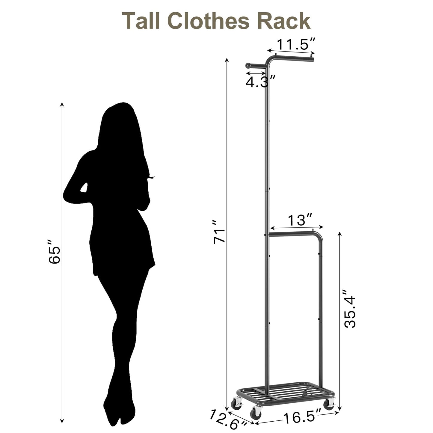 Gasvadivum Small Clothes Rack with Wheels, 71" Portable Rolling Clothing Rack with Bottom Metal Shelf, Garment Rack with Hanging Rod, Sturdy Freestanding Coat Rack for Bedroom, Entryway, Black