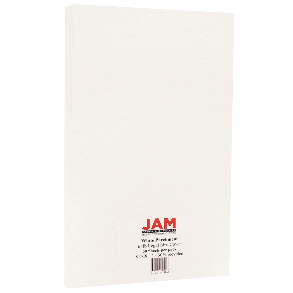 JAM PAPER Parchment 65lb Cardstock - 215.9 x 355.6 mm (8 1/2" x 14") Legal Coverstock - White - 50 Sheets/Pack