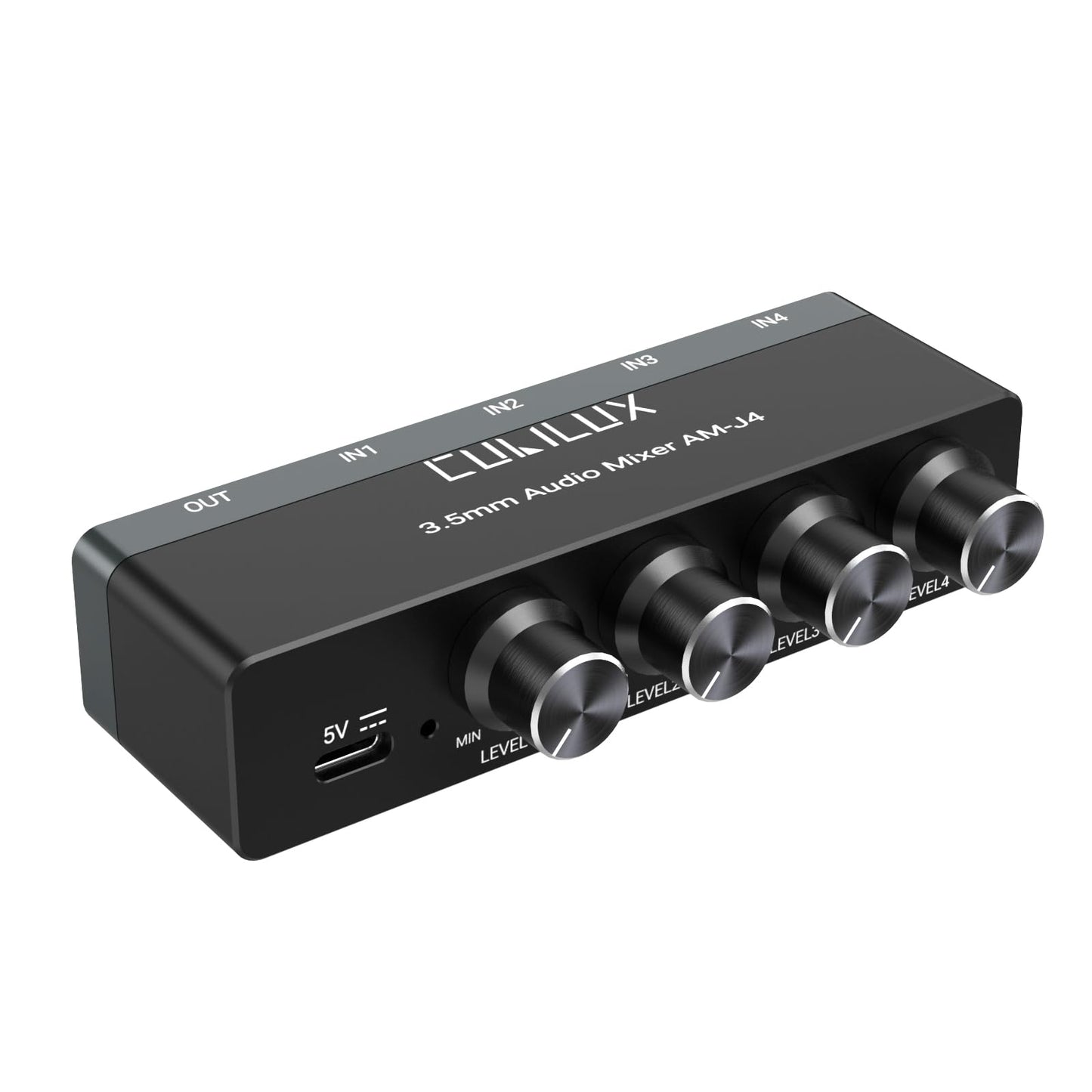 Cubilux 4-Channel 3.5mm Audio Mixer, Ultra-Low-Noise Mini Audio Mixer for Sub-Mixing, 1/8” 4 Channel Audio Switcher DC 5V, Suitable for Smartphone Audio System, Guitars, Bass, Keyboards