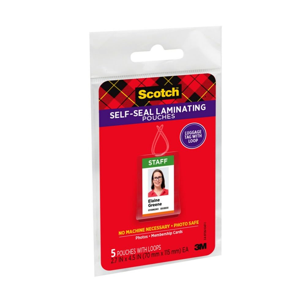 Scotch Self-Sealing Laminating Pouches, Bag Tags with Loops, Glossy, 5 Pouches, 6 Pack (LS853-5G)