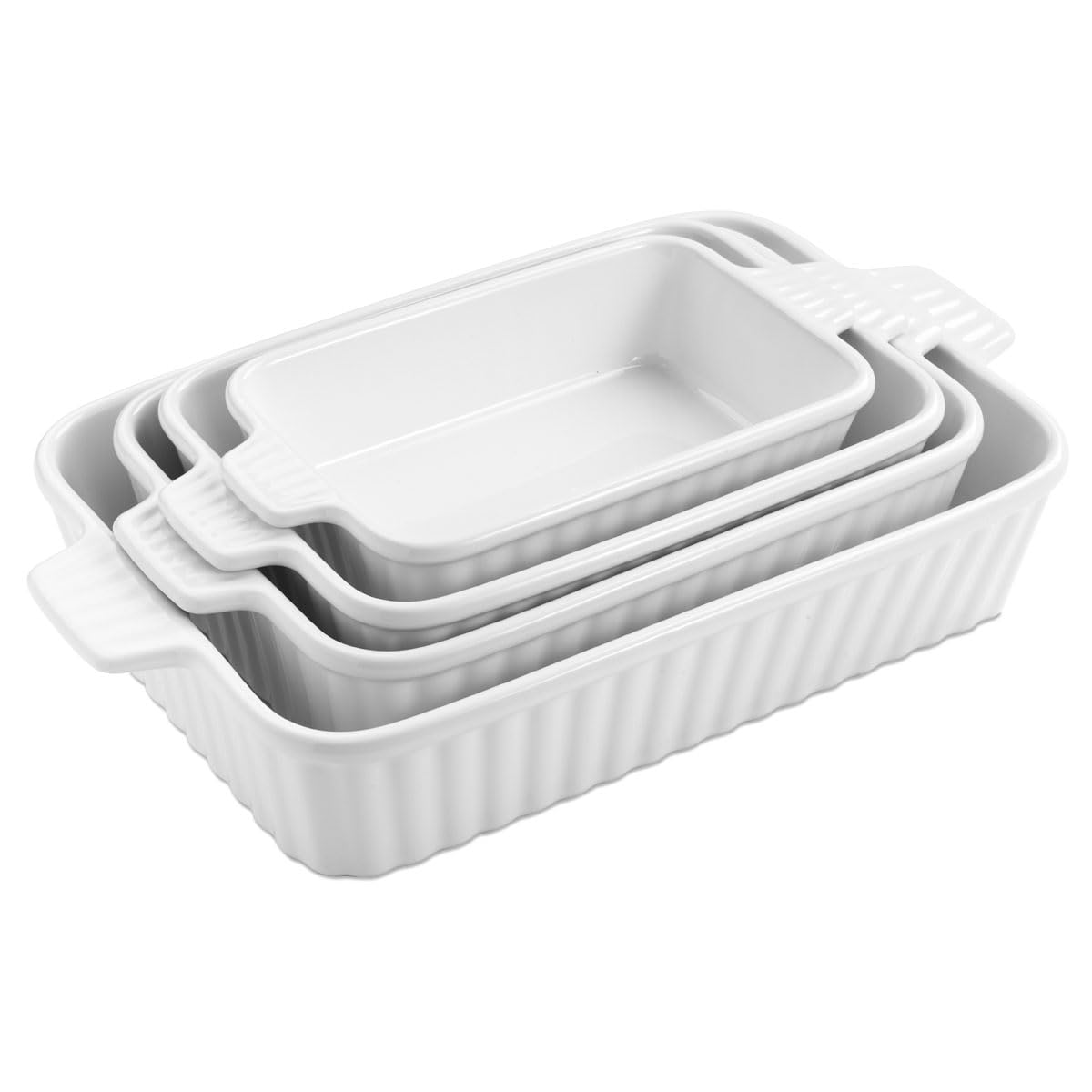WishDeco Ceramic Casserole Dishes Set of 4, Baking Dishes for Oven, Rectangular Lasagna Pan Deep with Handles, White Porcelain Bakeware (15''/12.4''/11''/9.6''), Dishwasher Safe