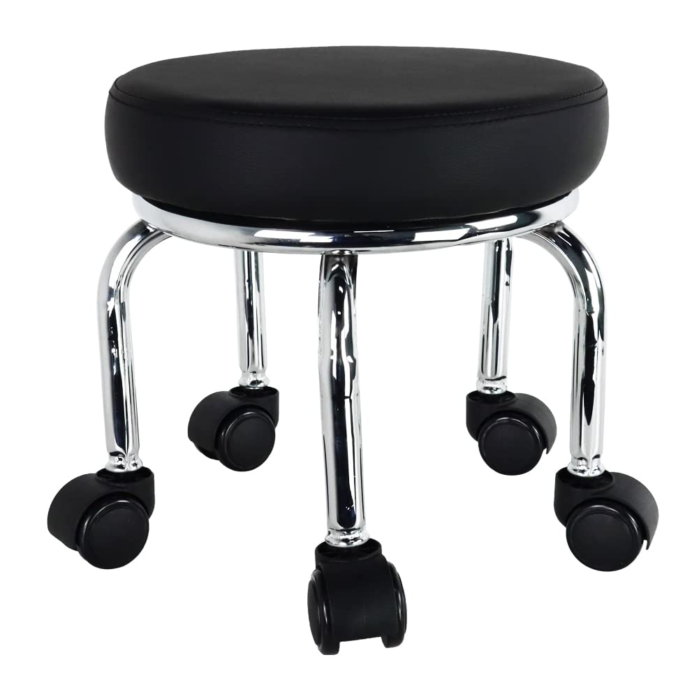 WKWKER Small Roller Stool PU Leather Wheeled Seat 360° Rotating Low Round Stool with Universal Wheels for Home Massage Garden Office Garage Shop Fitness Sports, H:31.5cm (Black)