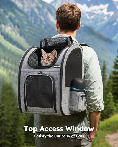 Pecute Cat Backpack with Breathable Mesh, Dog Backpack Carrier with Multi-Pockets for Cats Puppies, Pet Backpack Carrier for Travel Hiking Camping Outdoor （Gray）