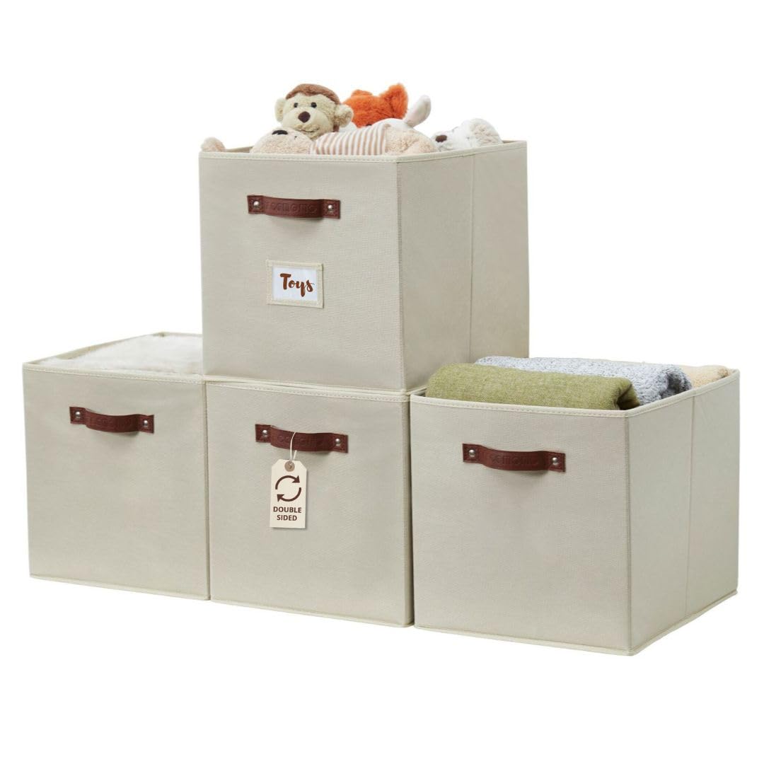 DECOMOMO Storage Basket 13x15x13 Baskets Storage Organization, Bins with Labels (Kallax/ 4pcs, Beige)