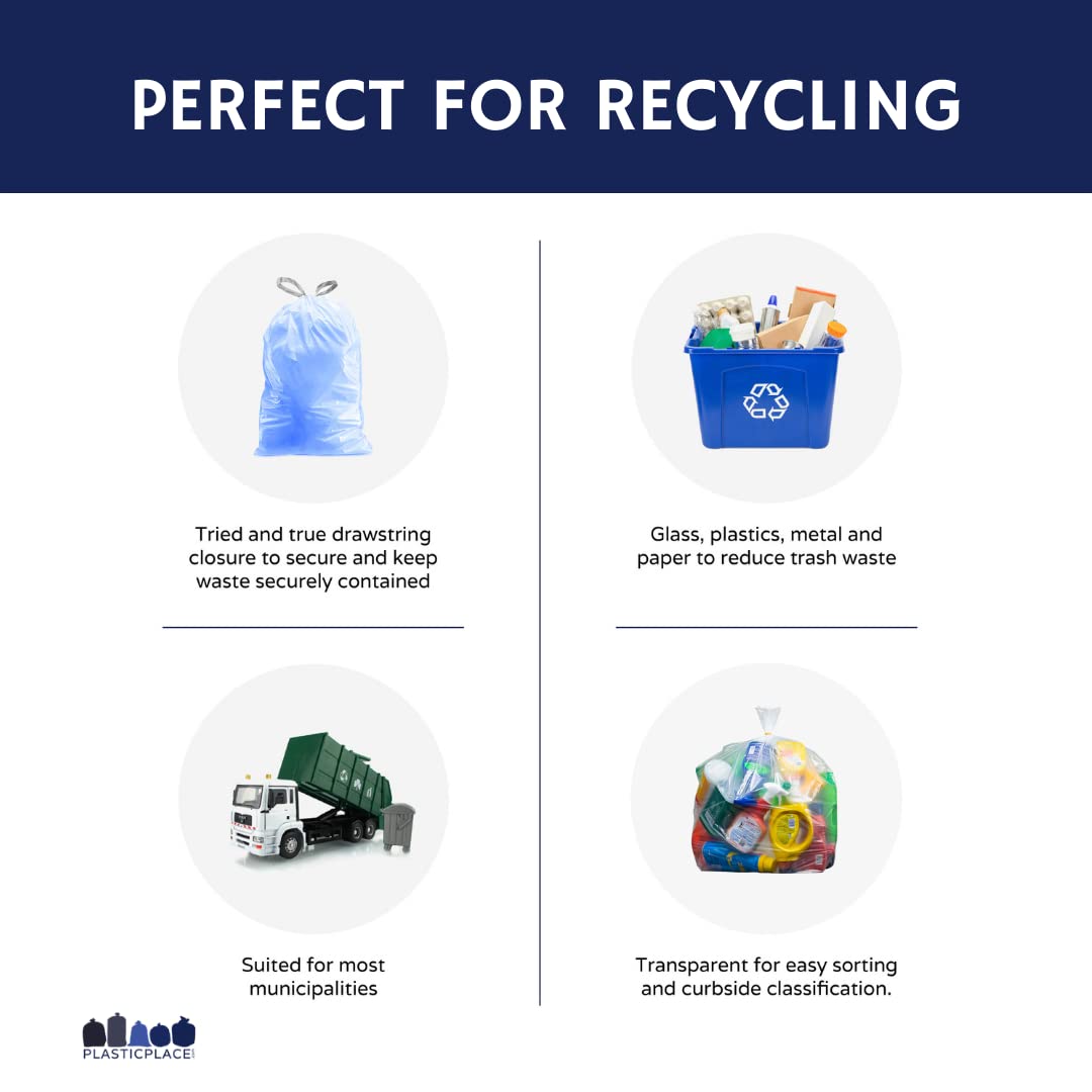 Plasticplace Code V Compatible (100 Count) Blue Recycling Bags Drawstring Garbage Can Liners 4.2-4.8 Gallon / 16-18 Liter 14.75" x 28"