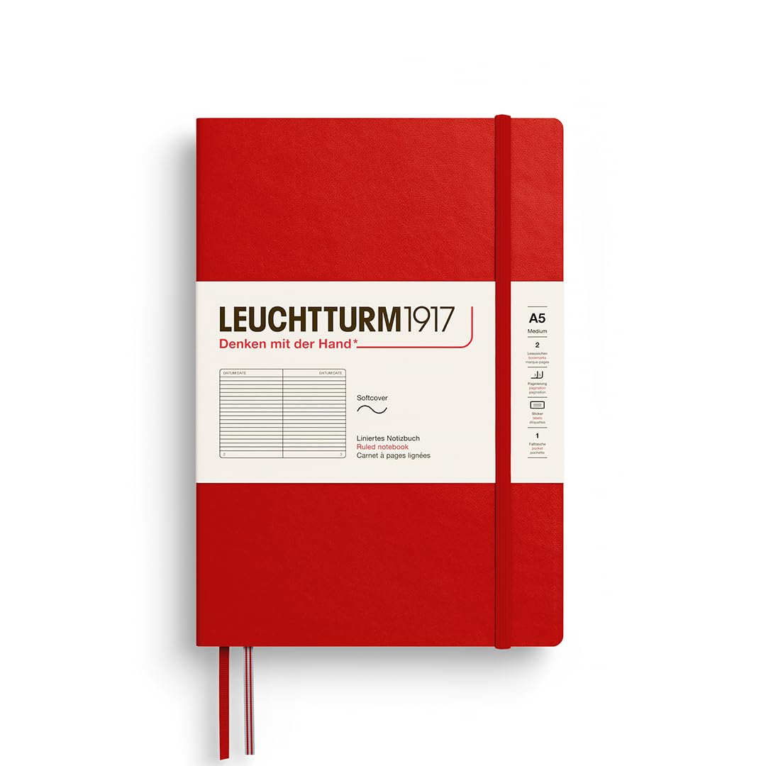 LEUCHTTURM1917 - Notebook Softcover Medium A5-123 Numbered Pages for Writing and Journaling (Ruled Paper, Cherry)