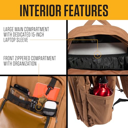 Carhartt 25L Classic Laptop Backpack, Durable Water-Resistant Pack W/ 15" Laptop Sleeve and Multiple Organizational Compartments, PFAS Free, Carhartt Brown