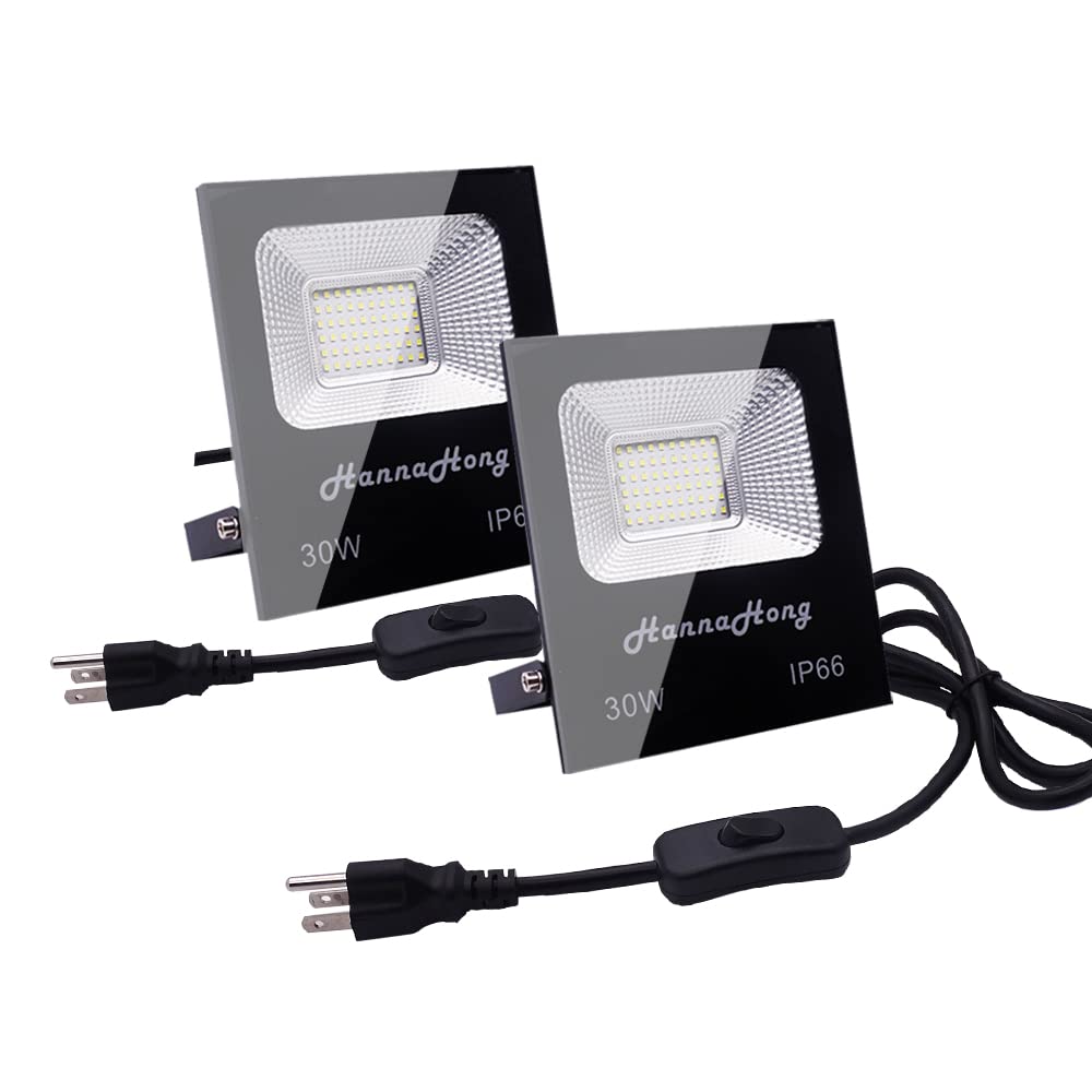 30W LED Super Bright Flood Security Work Lights,with ON/Off Switch,US-3 Plug,5 ft Cable,3600 Lumen 6000K Cool White IP66 Waterproof,Outdoor for Garage Garden Lawn Playground Yard,Yoke Mount,2 Pack