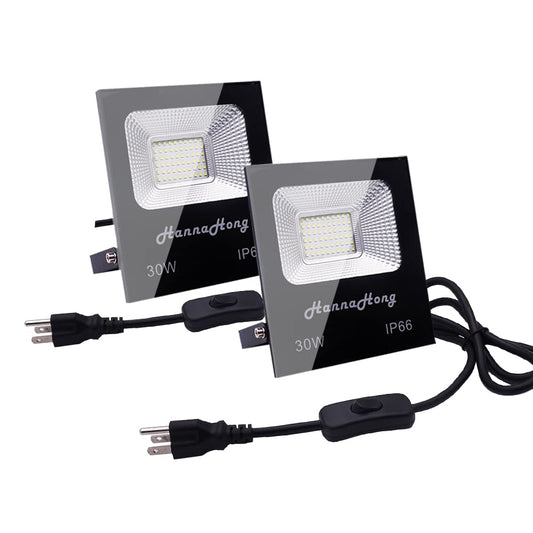 30W LED Super Bright Flood Security Work Lights,with ON/Off Switch,US-3 Plug,5 ft Cable,3600 Lumen 6000K Cool White IP66 Waterproof,Outdoor for Garage Garden Lawn Playground Yard,Yoke Mount,2 Pack