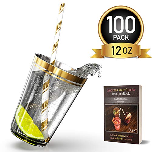 12 oz Gold Rim Plastic Cups with Eco-Friendly Paper Straws - 100 Elegant Clear Rimmed Cocktail & Dessert Tumblers for Weddings & Special Events - Reusable - with Drinks Recipe eBook