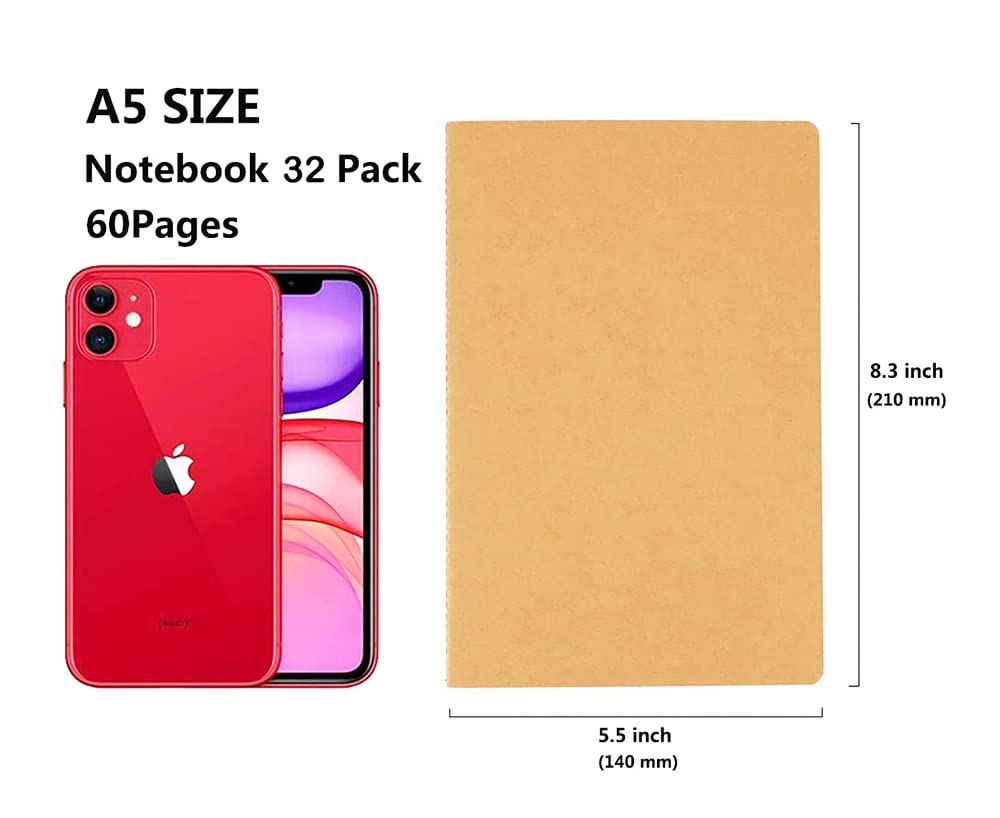 32 Pack Notebook Journals for Travelers, Students and Office, Writing Diary Subject Notebooks Planner with Thick Paper, 60 Pages, 30 Sheets, 8.3x5.5 inch, A5 Size, Travel Journal Set (Lined)