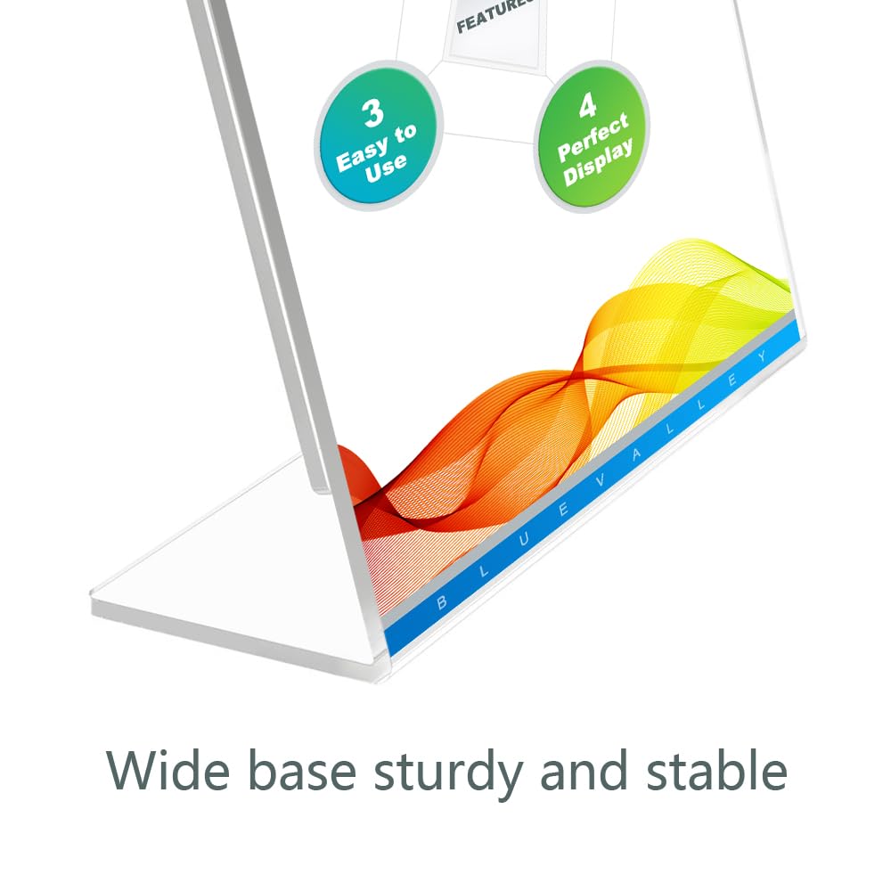 BlueValley Clear Acrylic Sign Holder - 8.5x11" Slant Paper Display Holder for Office Desktop, Acrylic Stand for Display Show Fairs Flyer Brochure, Exhibition Document Poster Ad, Photo Picture Frame, Catering Table Menu-6 Pack