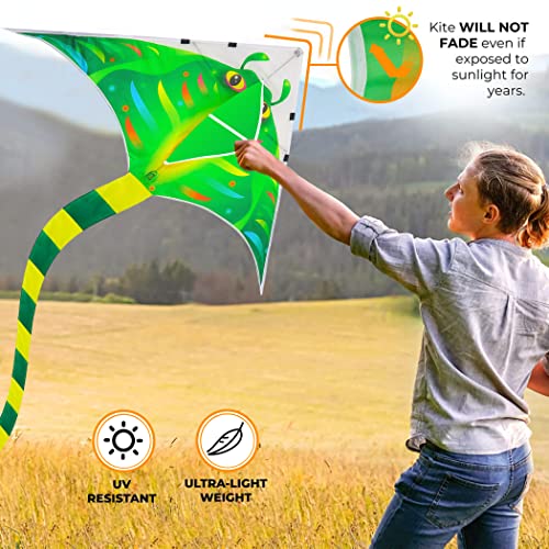 4 Pack Kites - Large Fire Dragon Kite Green Snake Devil Fish Red Mollusc Octopus with Long Colorful Tail for Kids Adults Outdoor Game Activities