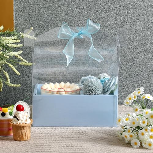 Honeydak 10 Kit 4 Inch Cake and Flower Clear Boxes, Portable Clear Gift Box for Cake and Flower Pack Together, Transparent Gift Packaging with Ribbon, Suitable Wedding Holiday Party Favors(Blue)