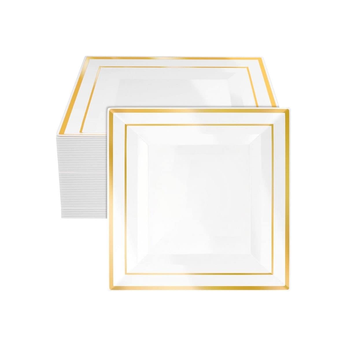 M Honor 50 Piece Gold Rimmed Square Reusable Plastic Plates for Weddings, Parties and Dinners | 10 Inch