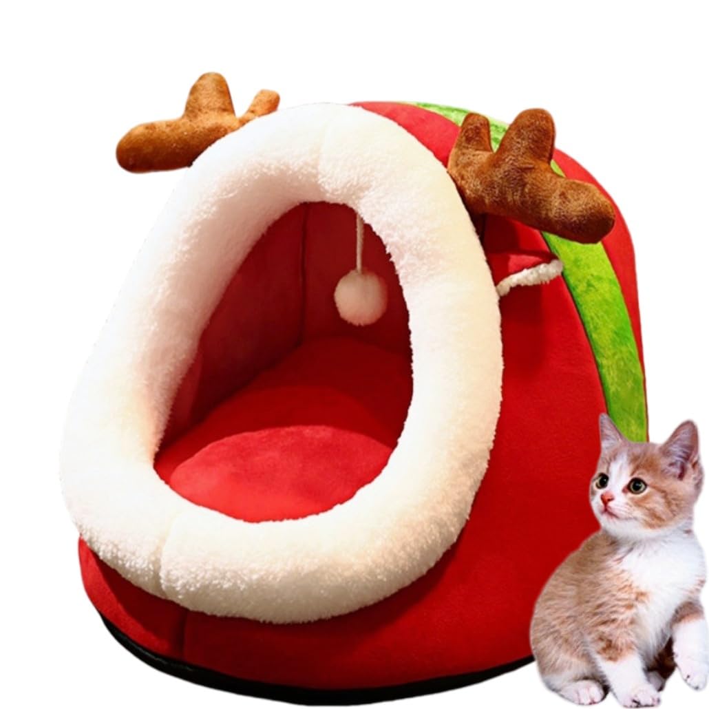 Christmas Cat Bed for Indoor Cats, Semi-Enclosed Cat Cave Foldable Cat House with Removable Washable Cushion Cute Xmas Reindeer Ped bed with Hanging Plush Toy Ball for Cats Small Dogs Playing Sleeping