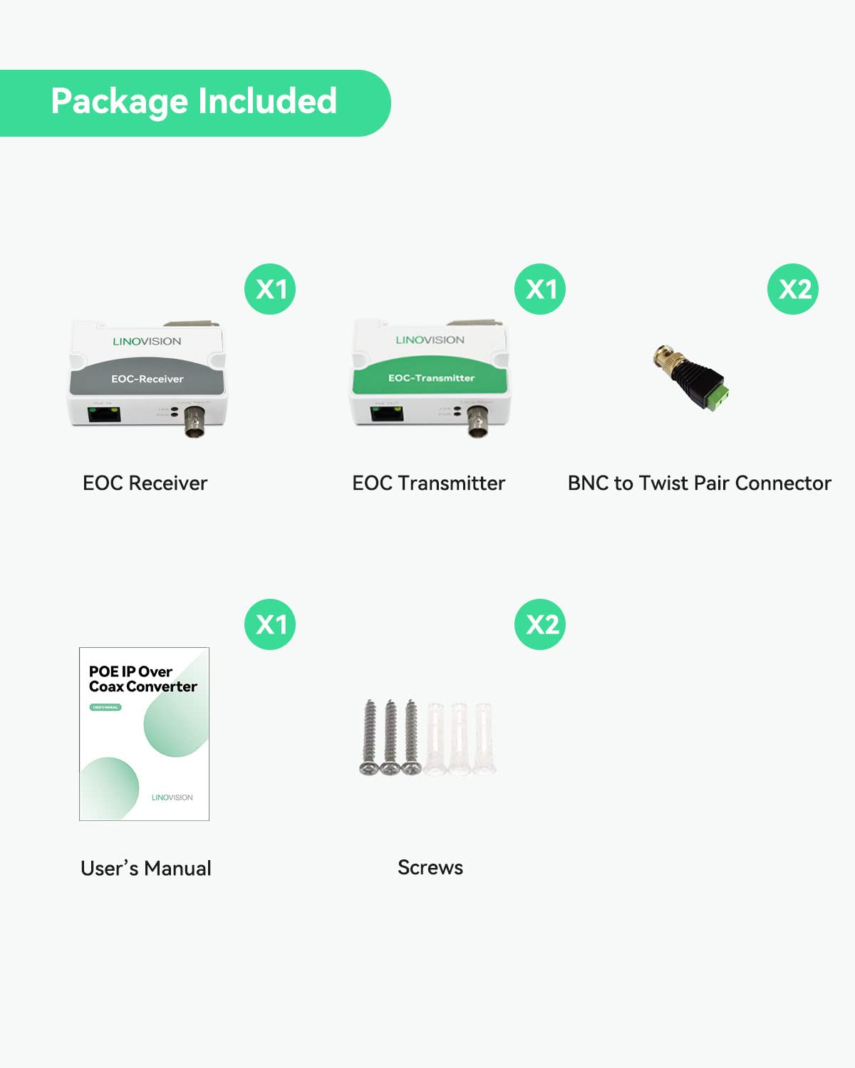 LINOVISION POE Ethernet Over Coax EOC Converter Max 1000m Power and Data Transmission Max100Mbps Over Regular RG59/6 Coaxial Cable for Upgrading to IP Surveillance System in Elevator/School/Cinema etc