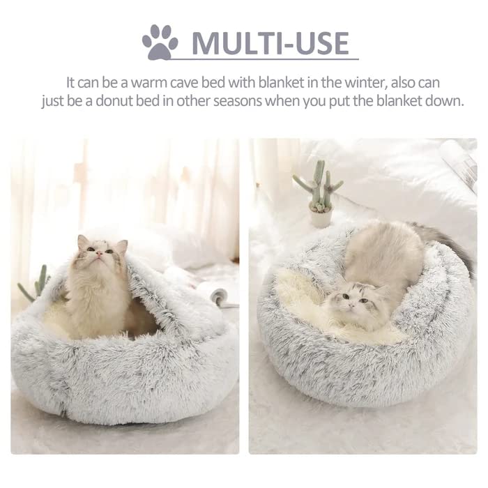 Cat Bed Round Fluffy Hooded Cat Bed Cave, Anti-Anxiety Cave Bed with Hooded Blanket, Cozy Cuddler Luxury Puppy Pet Bed, Anti-Slip Bottom and Machine Washable (Grey, Large)