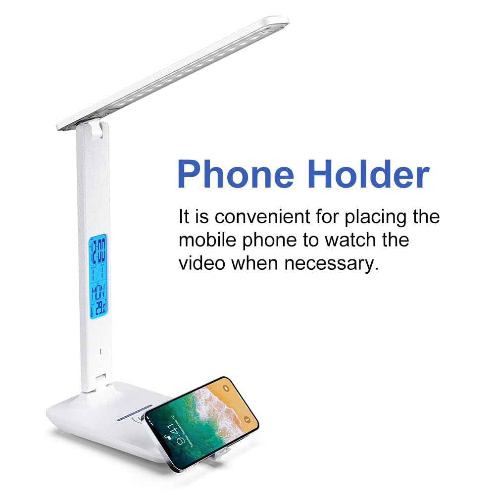 wanjiaone Multifunctional LED Desk Lamp with Wireless Charger,USB Charging Port,Clock,Phone Holder,Desk Lamps for Home Office,Eye-Caring Reading Lamp,Study Lamp for Boys,Girls,Teens (White-tx26)