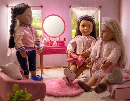 Our Generation – 18-Inch Doll Accessories – Pink Vanity Table & Chair Set – Pretend Make – up & Mirror – Pretend Play 3+ Years – Fabulous Fun Vanity Set