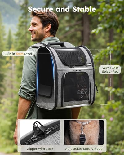 Pecute Cat Backpack with Breathable Mesh, Dog Backpack Carrier with Multi-Pockets for Cats Puppies, Pet Backpack Carrier for Travel Hiking Camping Outdoor （Gray）