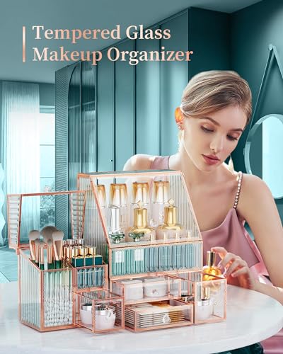 Youdepot Tempered Glass Makeup Organizer Countertop - Multi-Functional 3-in-1 Cosmetic Organizer for Skincare, Lipstick, Brushes - Vanity Organizer & Bathroom Organizer and Skincare Organizer.