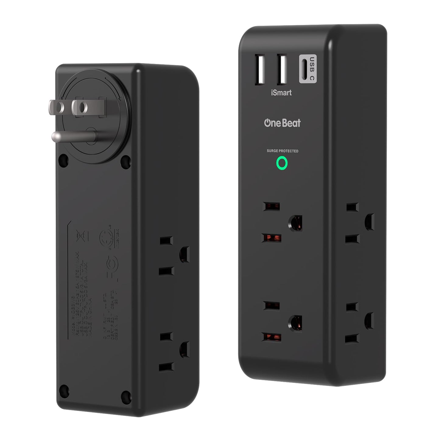 2 Pack Surge Protector Outlet Extender with Rotating Plug, 6 AC Multi Plug with 3 USB Ports (1 USB C), 1800 J, 3-Sided Swivel Power Strip with Spaced Splitter for Dorm Office, Black