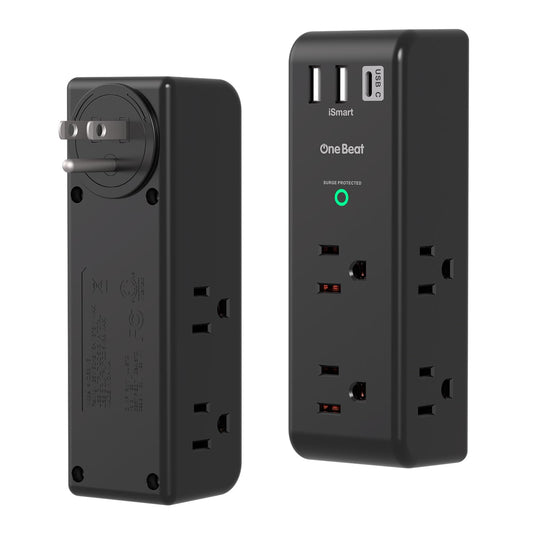 2 Pack Surge Protector Outlet Extender with Rotating Plug, 6 AC Multi Plug with 3 USB Ports (1 USB C), 1800 J, 3-Sided Swivel Power Strip with Spaced Splitter for Dorm Office, Black