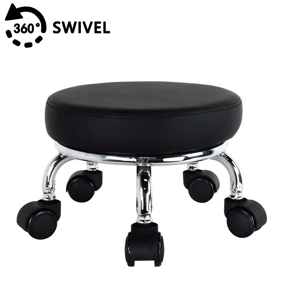 WKWKER Rolling Seat PU Leather Low Round Rolling Stool Small Stool with Universal Swivel Wheels for Home Office Garage Shop Fitness Sports, Height: 21.8 cm (Black)