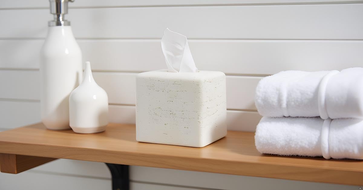Huitony Travertine Square Tissue Box Cover Decorative Klenex Box Holder for Bathroom & Living Room with Handcrafted Texture (White Stone)