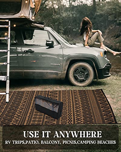 MontVoo-Outdoor Rug 8x10ft Waterproof Outdoor Carpet Patio RV Camping Rug-Outdoor Area Rug Mat for Portable Boho Rugs Deck Picnic Backyard Porch Beach Black Brown