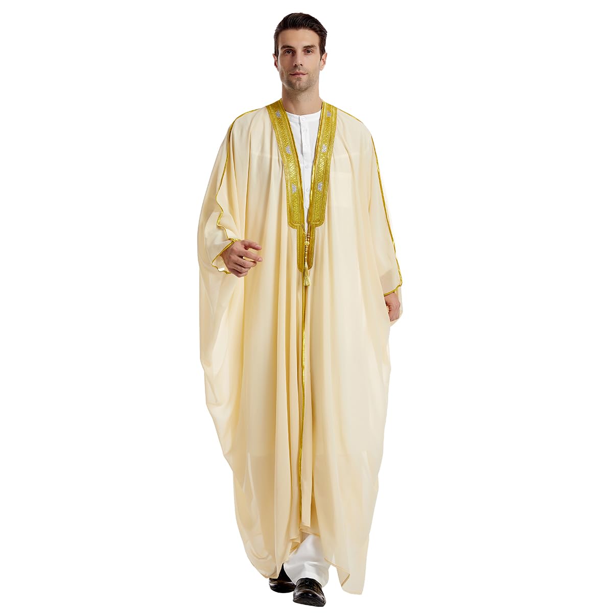 Qianliniuinc Thobe for Men Islamic Arabic Robe - Muslim Prayer Clothes Loose Abaya Clothing Casual Kaftan Long Sleeve, Beige, Medium