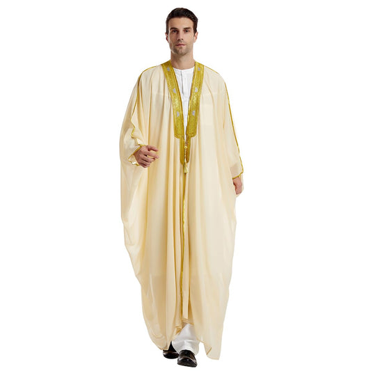 Qianliniuinc Thobe for Men Islamic Arabic Robe - Muslim Prayer Clothes Loose Abaya Clothing Casual Kaftan Long Sleeve, Beige, Medium